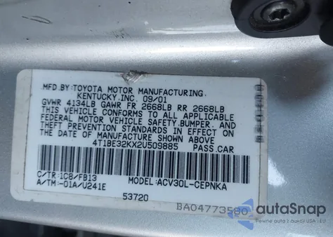 2002 Toyota Camry Le z USA, uszkodzony, nr VIN 4T1BE32KX2U509885